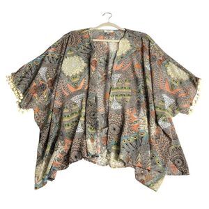 Umgee Top Womens M/L Geometric Boho Tribal Kimono Poncho Beachy‎ Pom Pom Trim